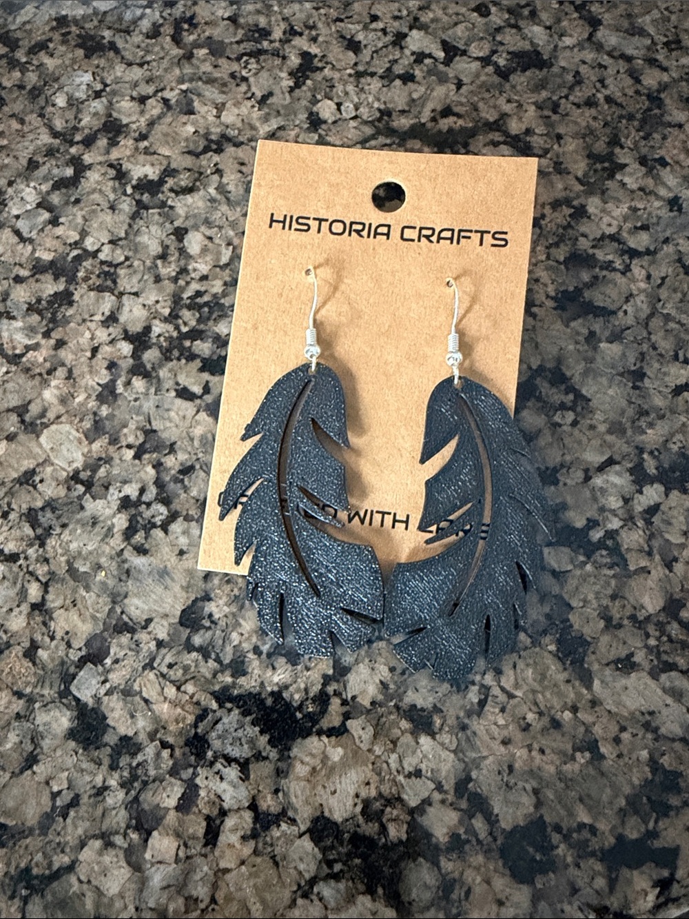 3D Printed Black Feather Drop Earrings